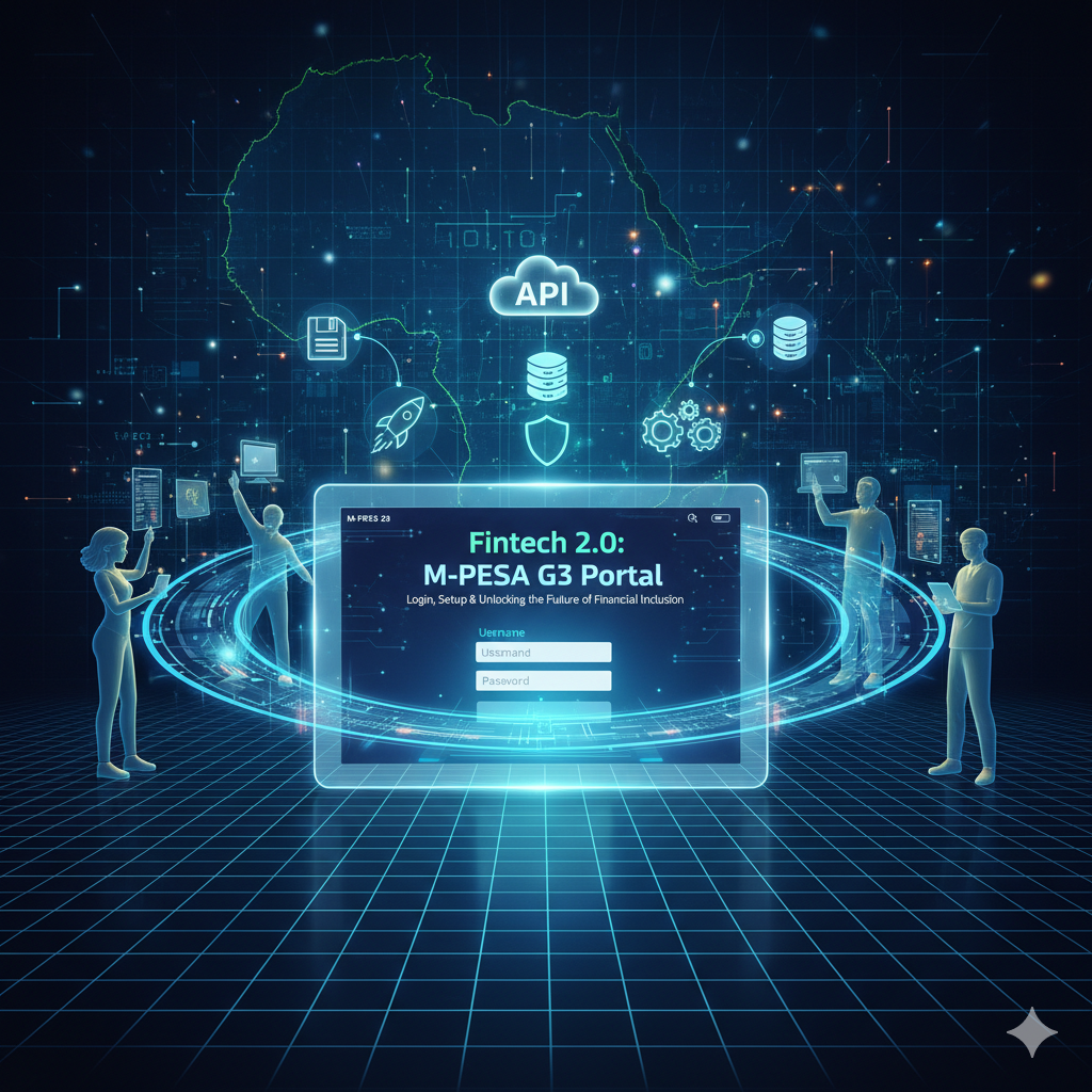 The image depicts the "M-PESA G3 Portal," a digital illustration symbolizing technological advancement and financial inclusion in Africa, particularly Kenya.    A glowing digital grid background features faint outlines of Africa/Kenya. Centrally, a stylized M-PESA G3 login screen on a transparent digital device is shown. Icons representing speed (rocket), security (shield), and scalability (layered servers) orbit the device in a luminous ring. A glowing digital bridge leads from older tech icons (legacy systems) to the modern portal, signifying transition.    Four translucent human figures (diverse users) interact with the system. Cloud and API icons hover above, indicating integration.  Text on the screen reads: "Fintech 2.0: M-PESA G3 Portal.